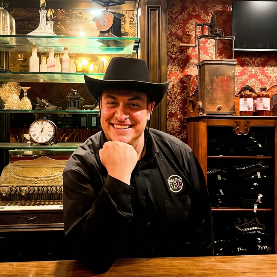 Smiling restaurant staff member in a black cowboy hat and BBQ shirt poses behind a wooden counter amid vintage décor and glassware.