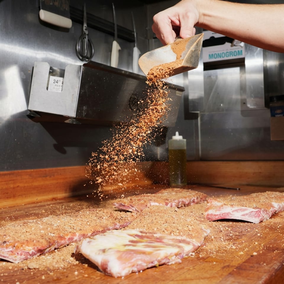 Restaurant worker sprinkles breadcrumbs over several raw meat cutlets on a wooden preparation table.