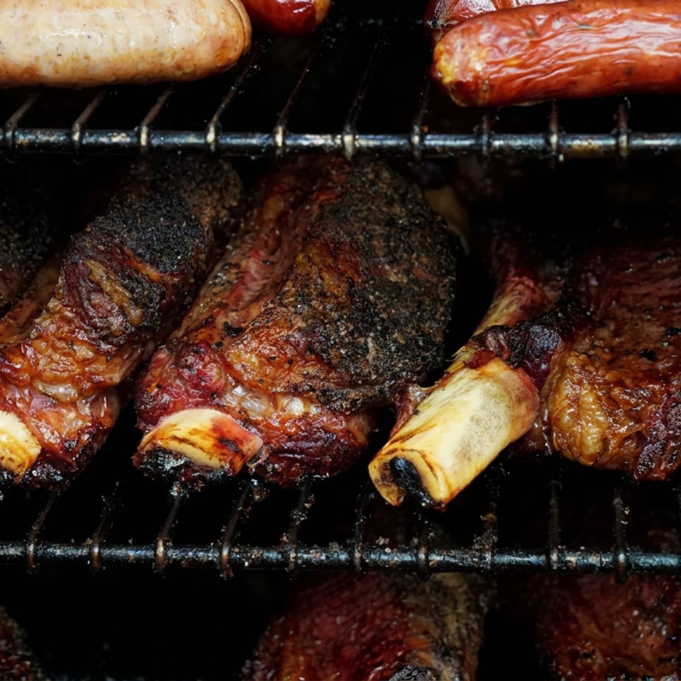 Smoked ribs and sausages cook on black grill grates, showing charred meat, exposed bones, and rich barbecue coloring.