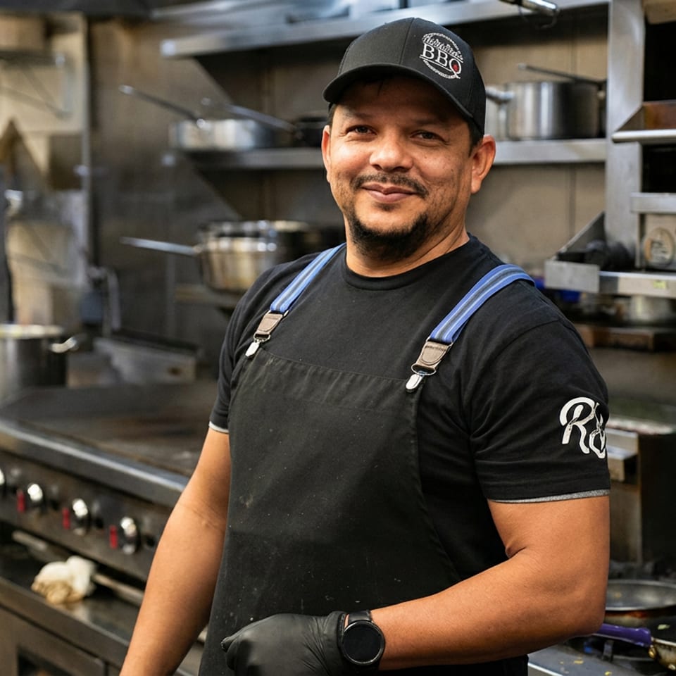 Smiling restaurant cook wearing a black barbecue cap and apron stands in a busy commercial kitchen.