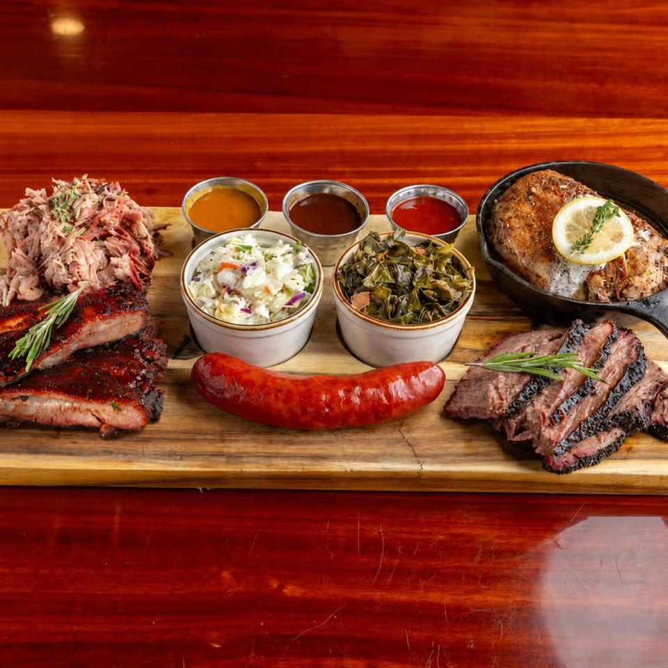 Barbecue platter with ribs, pulled pork, sausage, sliced steak, grilled chicken, sides, and dipping sauces on a wooden board.